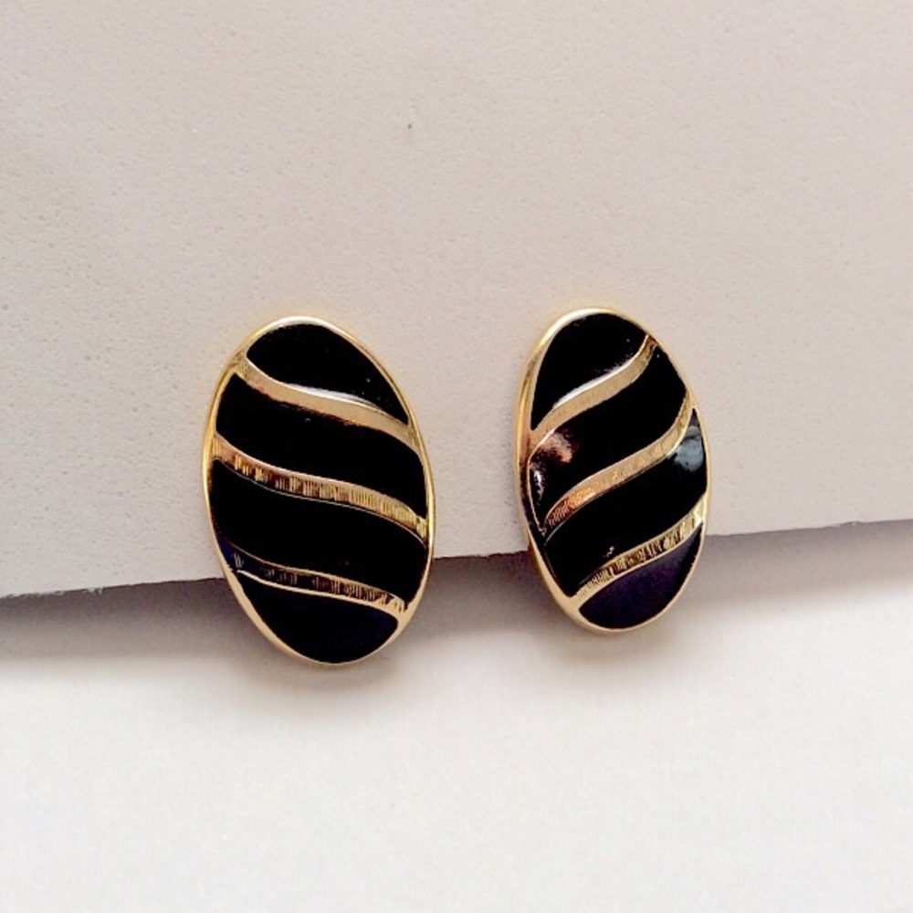 Trifari Earrings Clip Black Enamel Gold Tone Oval